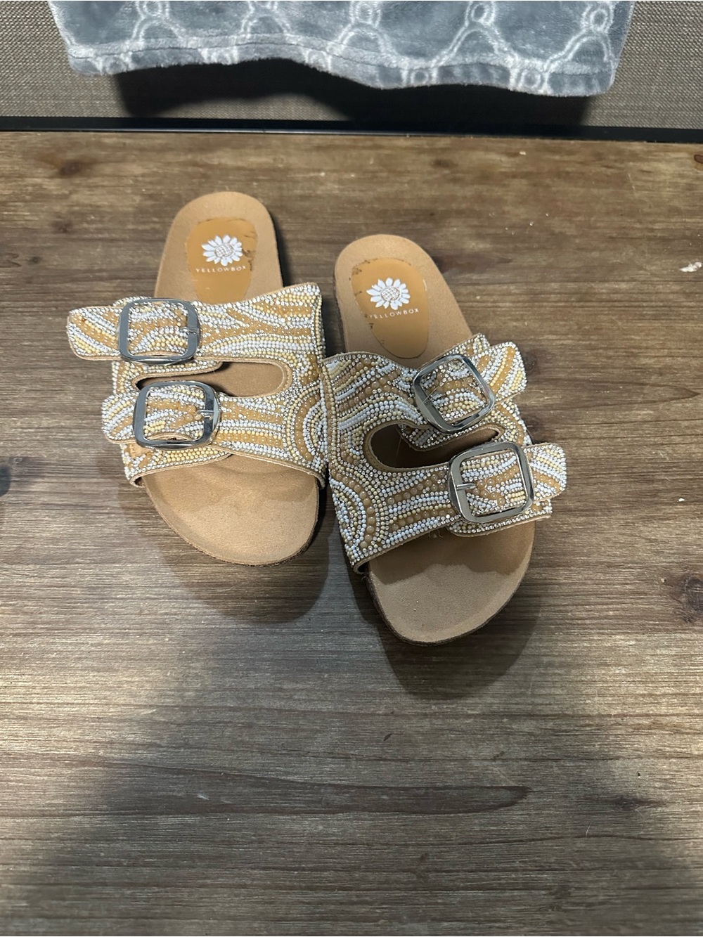 Yellow Box Tan and White Beaded Double-Buckle Slide Sandals